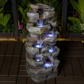 23 Inches Rock Waterfall Outdoor Fountain with LED Lights Stone Garden Fountains Outdoor Décor for Patio Lawn Backyard Cascading Tiered Outdoor W