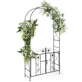 2-in-1 Garden Arbor with Gate - Latchable Double Doors+Side Trellis, Galvanized Metal, Black