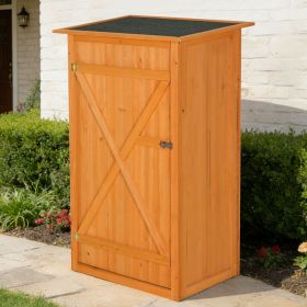 Outdoor storage shed - A wooden tool shed with a flat roof and waterproof garden storage cabinet, featuring a lockable door