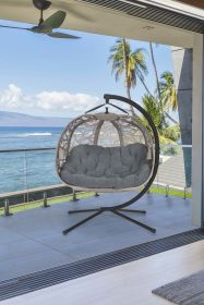66 H x 50 W x 43 D Outdoor Beige Hanging Pumpkin Patio Loveseat Chair with Cushion, C Type Bracket, and Branch Design
