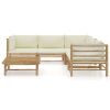 6 Piece Patio Lounge Set with Cream White Cushions Bamboo
