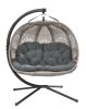 66 H x 50 W x 43 D Outdoor Beige Hanging Pumpkin Patio Loveseat Chair with Cushion, C Type Bracket, and Dreamcatcher Design