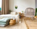 56 H x 50 W x 26 D Outdoor Beige Cozy Pumpkin Loveseat with Cushion and Dreamcatcher Design