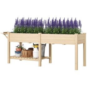 Wood Raised Garden Box, Elevated Garden Bed with Side Table, Bottom Shelf, Bed Liners and Drainage Holes, Natural (Option: Natural Wood-990x570x230 mm)