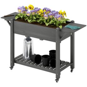 Wood Raised Planter Box, Elevated Garden Bed with Lockable Wheels, Side Tables, Bottom Shelf, Drain Holes, Gray (Option: Gray-1090x520x135 mm)