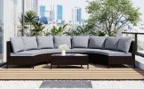 5 Pieces All-Weather Brown PE Rattan Wicker Sofa Set Outdoor Patio Sectional Furniture Set Half-Moon Sofa Set with Tempered Glass Table